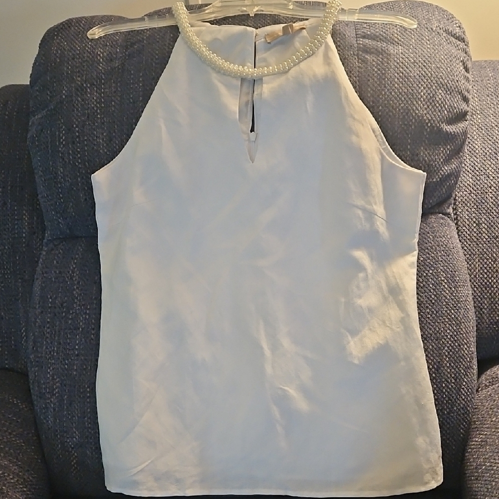 White Sleeveless Tank Top with Keyhole Detail And Pearls. Medium